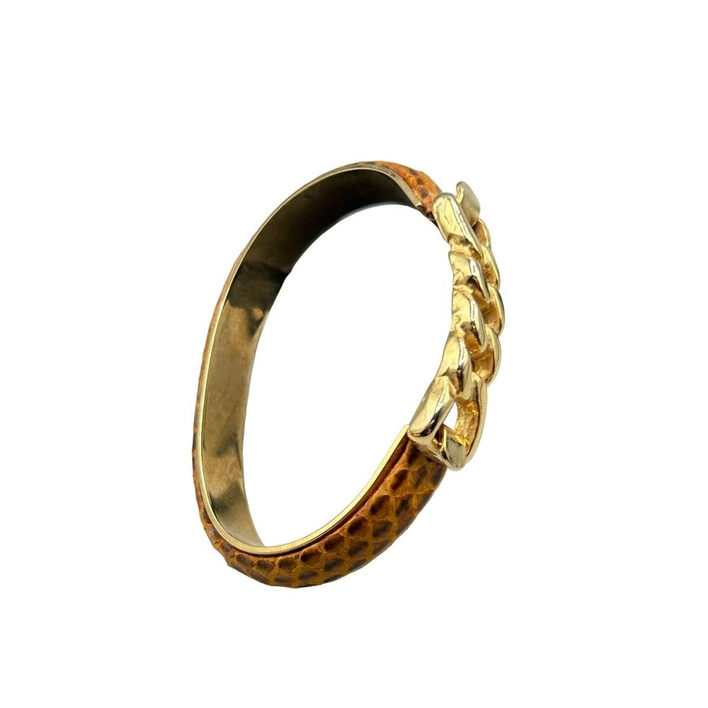 Vtg 80s 90s Snakeskin Bracelet Hinged Bangle Light Brown with Gold Plated Chain